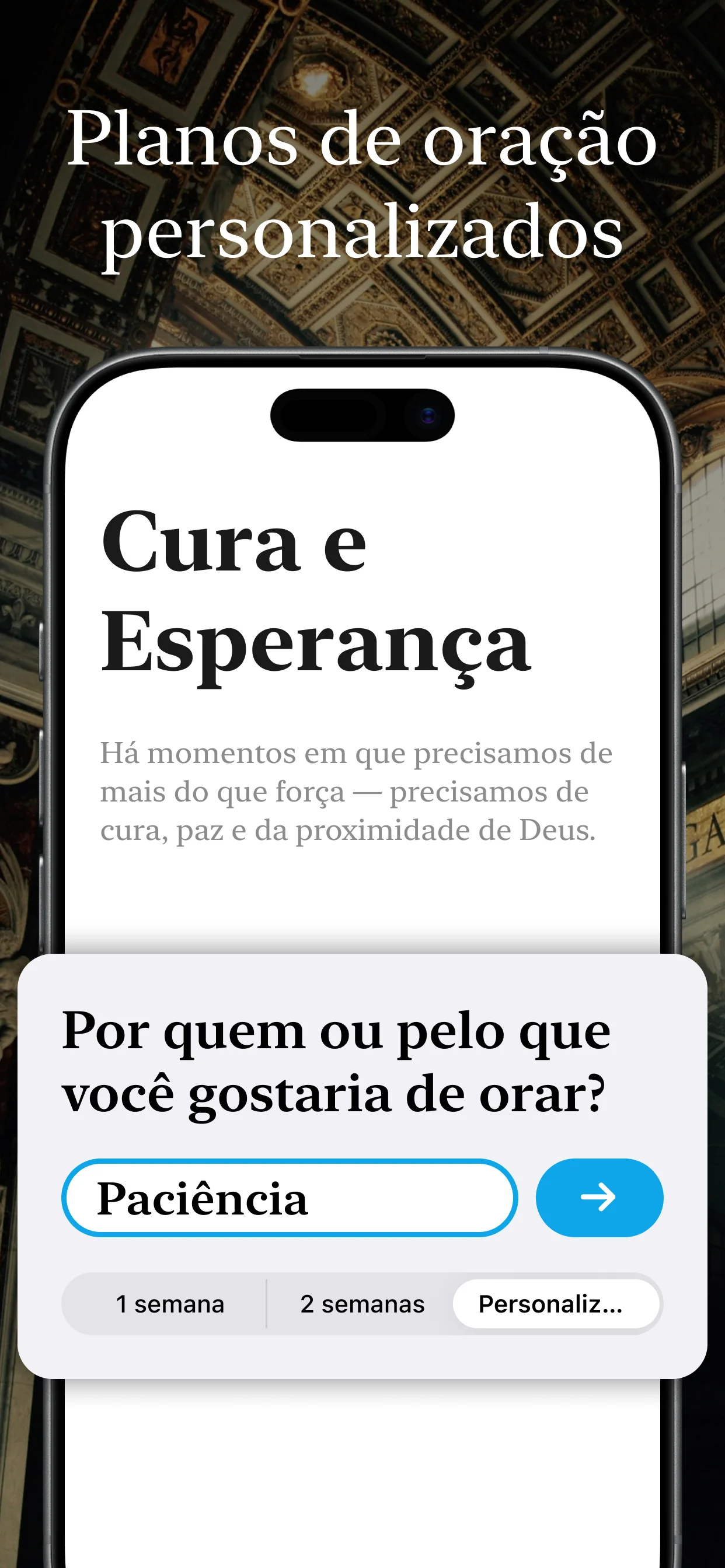 Prévia do aplicativo católico Corvia - tela inicial de oração e lista de novenas